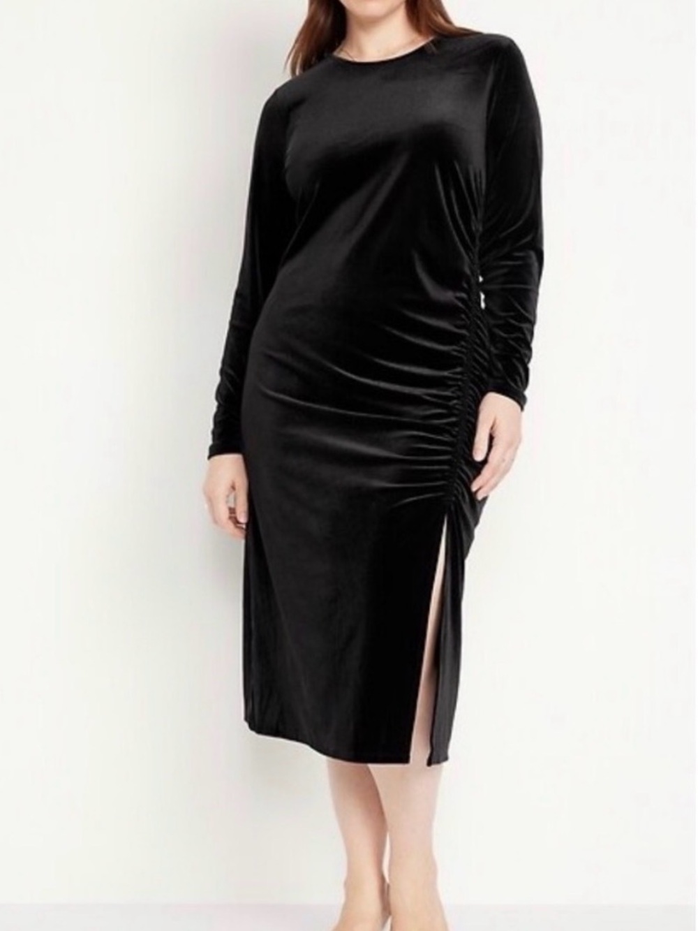 Old Navy Black Velvet Long Sleeve Ruched Midi Dress NWT